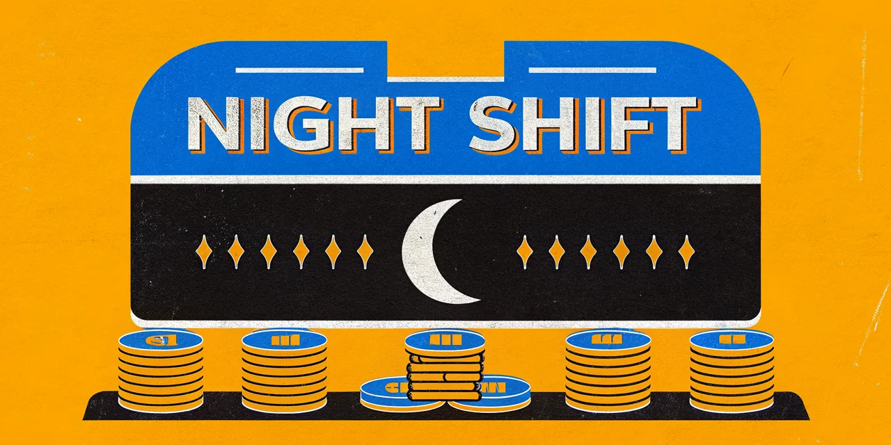 NIGHT SHIFT cabinet marquee art: moon over coin stacks