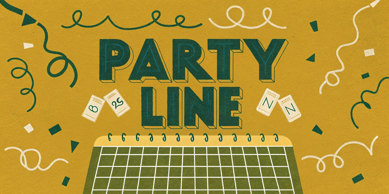 PARTY LINE cabinet marquee art: calendar, tickets, confetti